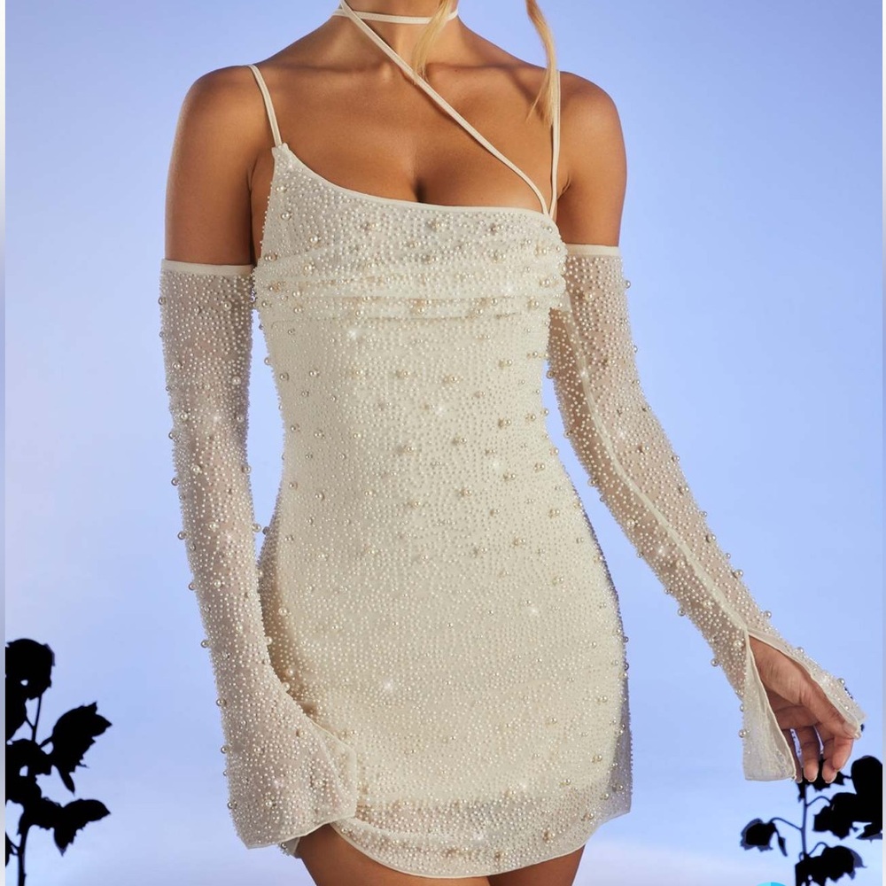 Embellished Asymmetric Corset Mini Dress in Ivory